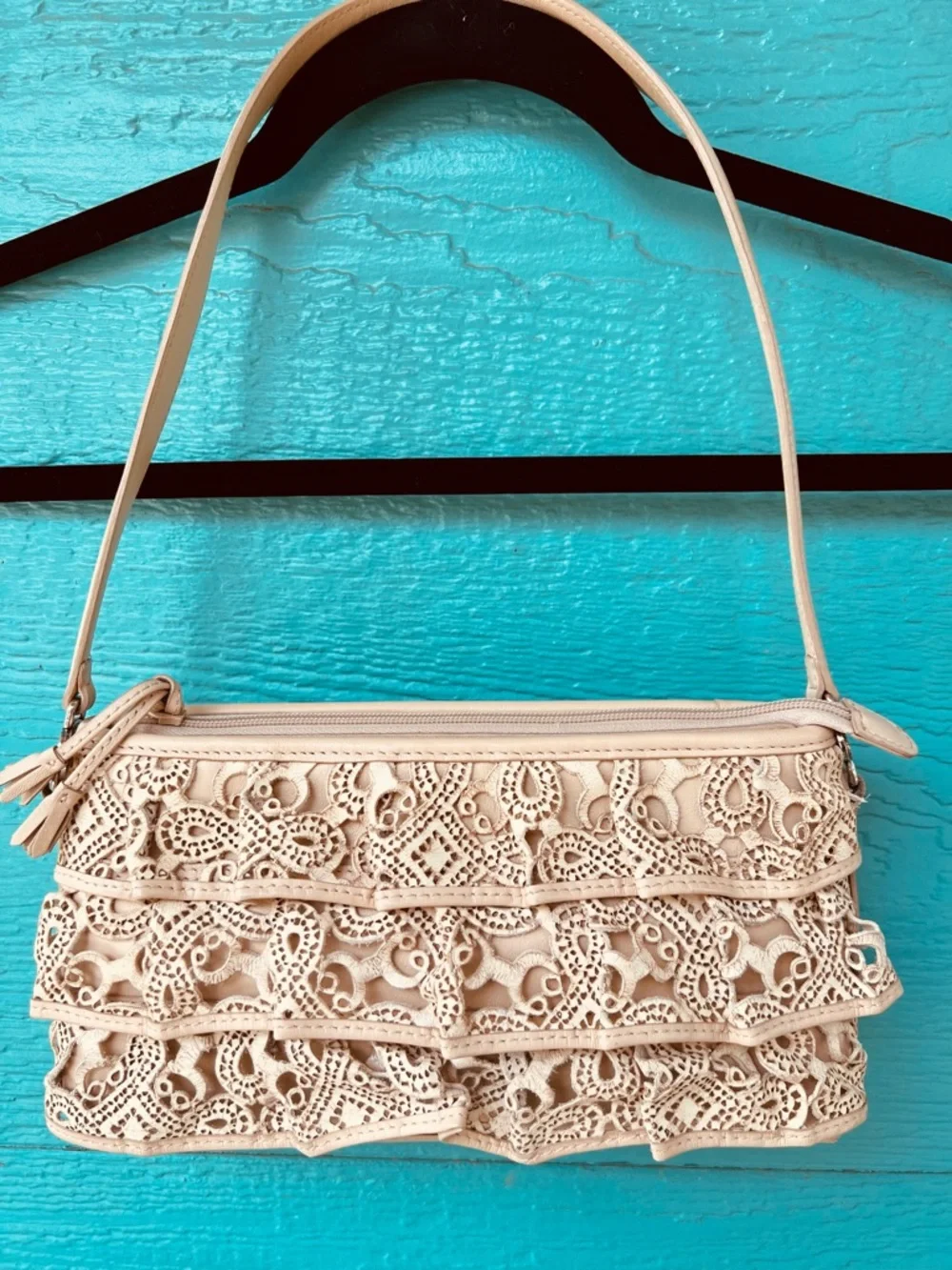 BRIGHTON COLLECTION Laser Cut Lace Tiered Ruffle Leather Shoulder Handbag